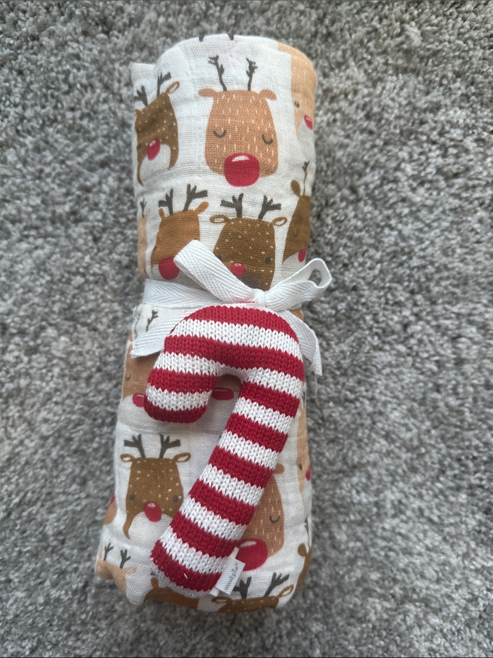 Mud Pie Cotton Muslin Blanket Swaddle with Brown Reindeer and Red Accents